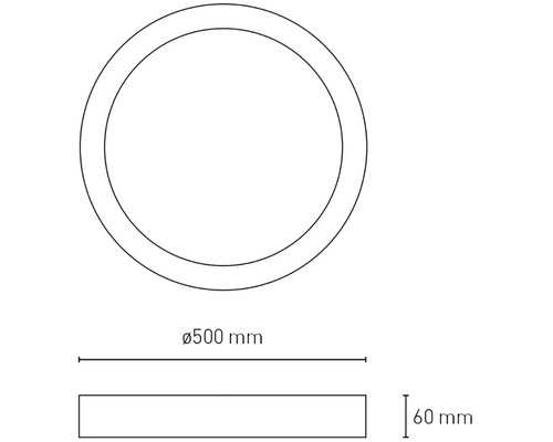 Technický výkres kulatého stropního svítidla o průměru 500 milimetrů a výšce 60 milimetrů.