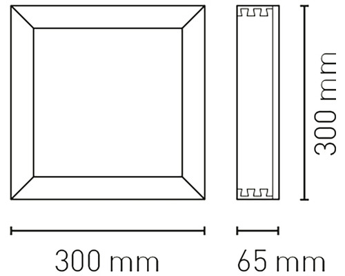 Technický výkres čtvercového rámu o rozměrech 300 mm x 300 mm a hloubce 65 mm.