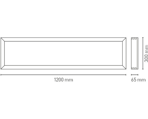Technický nákres světelné lišty o rozměrech 1200 mm x 300 mm x 65 mm
