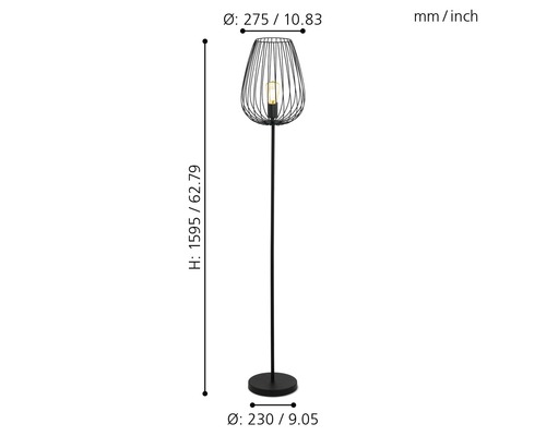 Rozměry černé stojací lampy s drátěným stínidlem