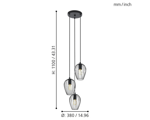 Závěsné svítidlo se třemi žárovkami, klecovými stínidly a rozměry