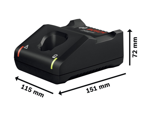 Nabíječka Bosch o rozměrech 115 mm x 151 mm x 72 mm