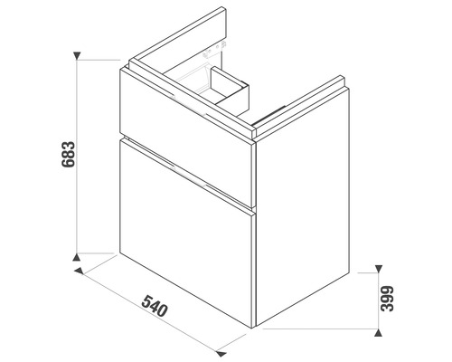 Nákres skříňky pod umyvadlo s rozměry