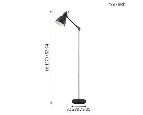 Černá stojací lampa s nastavitelným ramenem a rozměry