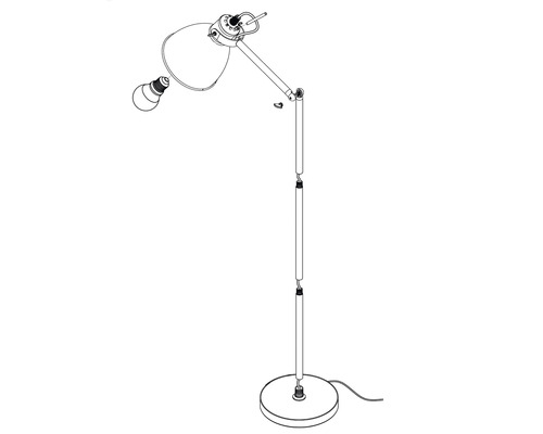 Nákres stojací lampy s nastavitelným ramenem a stínidlem