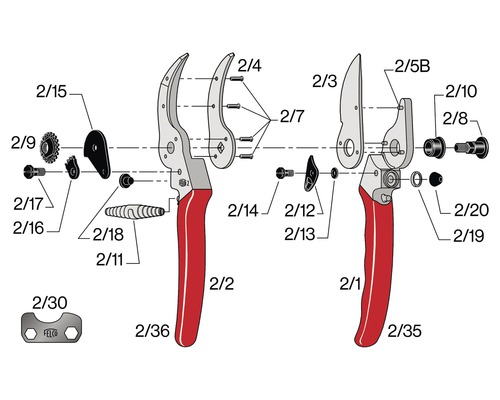 Rozkres zahradních nůžek s jednotlivými díly