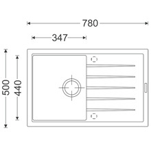 Technický nákres kuchyňského dřezu o rozměrech 780 x 500 mm