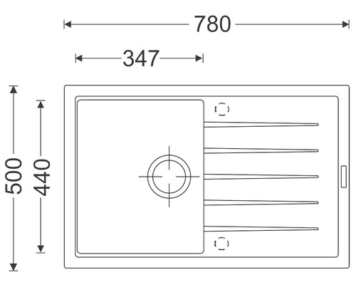Technický nákres kuchyňského dřezu o rozměrech 780 x 500 mm