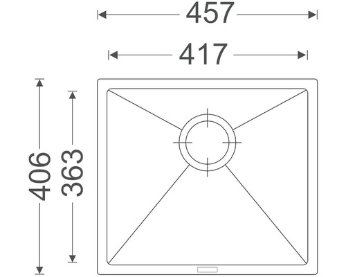 Technický nákres dřezu o rozměrech 457 x 406 milimetrů