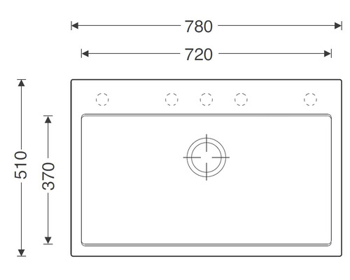 Nákres dřezu o rozměrech 780, 720, 510 a 370 milimetrů.