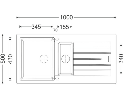 Technický výkres dřezu s odkapávací plochou o rozměrech 1000 x 500 milimetrů