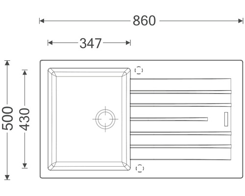 Nákres dřezu o rozměrech 860 krát 500 milimetrů