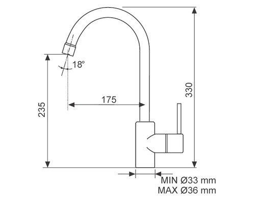 Technický výkres vodovodní baterie s rozměry