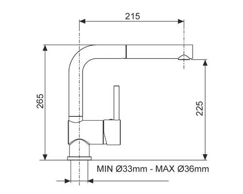Technický nákres kuchyňské baterie s rozměry.
