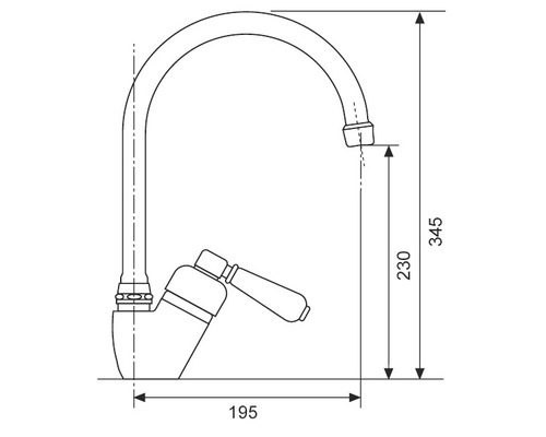 Technický nákres kuchyňské baterie s výškovými a šířkovými údaji