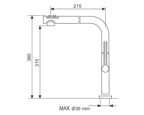 Technický nákres kuchyňské baterie s rozměry