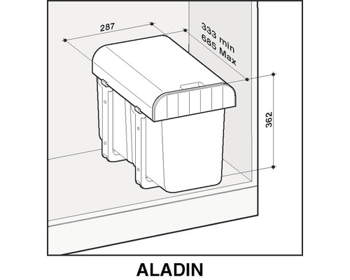 Odpadkový koš Aladin s rozměry pro instalaci