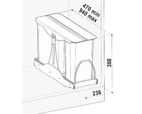 Technický nákres systému třídění odpadu s rozměry.
