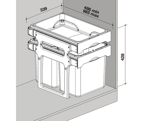 Technický výkres odpadkového koše s rozměry pro instalaci