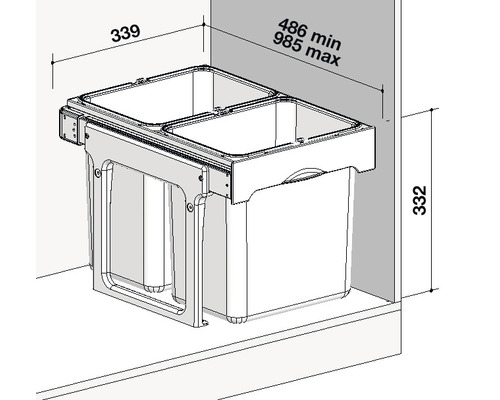 Vestavný koš s rozměry pro instalaci do kuchyňských skříněk