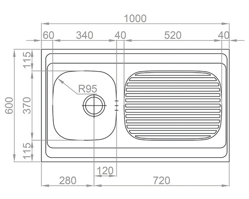 Technický výkres kuchyňského dřezu s rozměry
