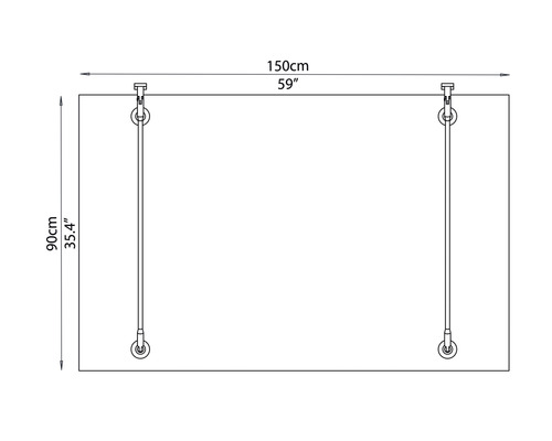 Technický nákres sprchové stěny o rozměrech 150 cm x 90 cm.