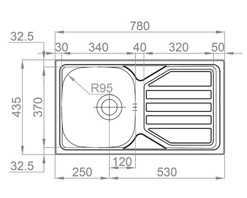 Technický výkres kuchyňského dřezu s rozměry