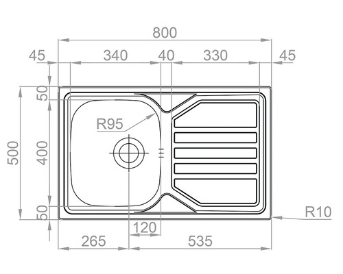 Nákres dřezu s rozměry