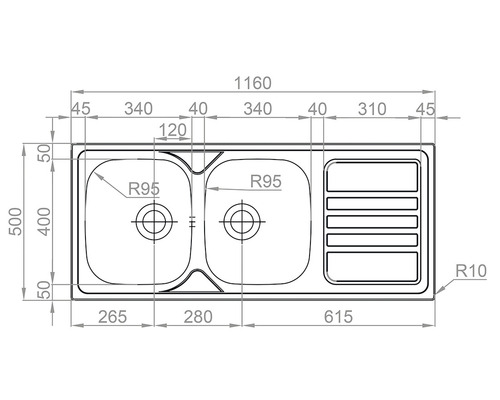 Technický nákres dřezu s dvojitým umyvadlem a odkapávací plochou včetně rozměrů