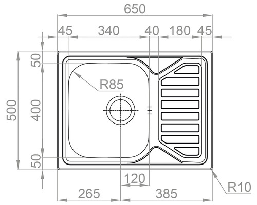 Technický výkres dřezu s rozměry