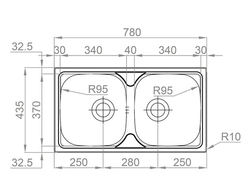 Technický výkres dřezu s dvojitou mísou a rozměry
