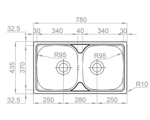 Technický nákres dvojitého dřezu s rozměry