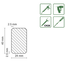Technický nákres dřevěného profilu o rozměrech 24 mm šířka, 40 mm výška a 2,5 mm poloměr rohu a symboly vhodnosti nástrojů.