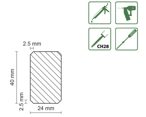 Technický nákres dřevěného profilu o rozměrech 24 mm šířka, 40 mm výška a 2,5 mm poloměr rohu a symboly vhodnosti nástrojů.