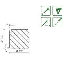 Technický nákres dřevěného profilu o rozměrech 35 x 35 mm a zkosení 2,5 mm a symboly pro montáž.