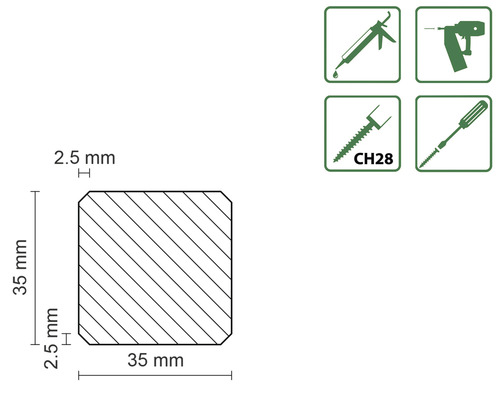 Technický nákres dřevěného profilu o rozměrech 35 x 35 mm a zkosení 2,5 mm a symboly pro montáž.