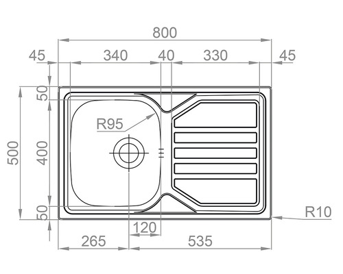 Technický nákres kuchyňského dřezu s rozměry