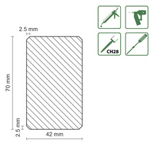 Technický výkres dřevěného profilu o rozměrech 70 mm výška, 42 mm šířka a 2.5 mm poloměr hrany, a symboly pro vhodné nástroje