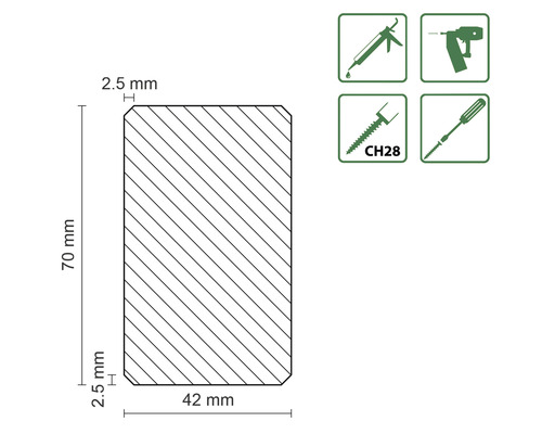 Technický výkres dřevěného profilu o rozměrech 70 mm výška, 42 mm šířka a 2.5 mm poloměr hrany, a symboly pro vhodné nástroje