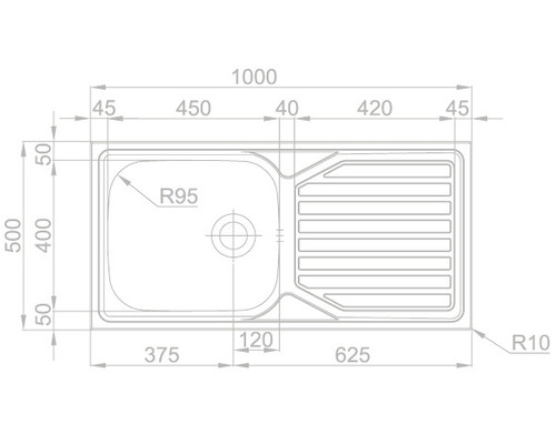 Technický nákres kuchyňského dřezu s rozměry