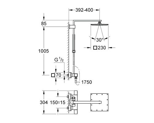 Technický výkres sprchové armatury s rozměry