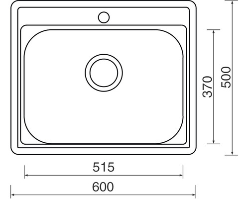 Technický nákres dřezu s rozměry 600 x 500 mm