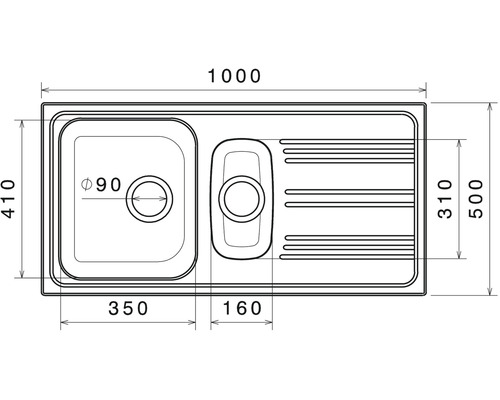Technický nákres dřezu s rozměry