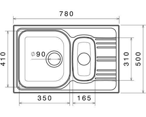 Technický nákres kuchyňského dřezu s rozměry
