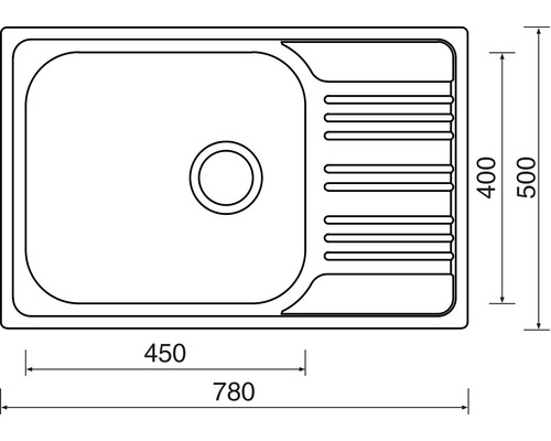 Technický výkres dřezu o rozměrech 780 x 500 mm