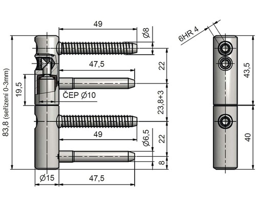 Technický nákres dveřního závěsu s rozměry
