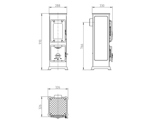Technický nákres krbových kamen s rozměry
