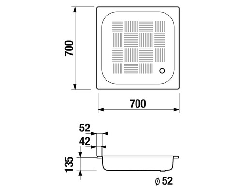 Technický nákres sprchové vaničky o rozměrech 700 x 700 mm a průměru odtoku 52 mm.