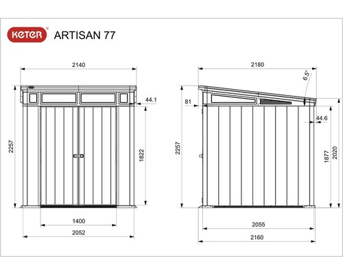 Technický nákres zahradního domku Keter Artisan 77 s rozměry