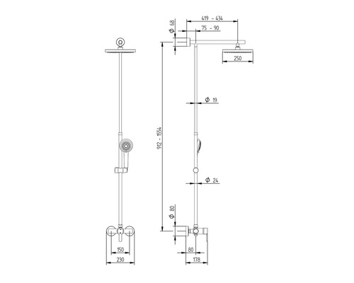 Technický nákres sprchového systému s rozměry